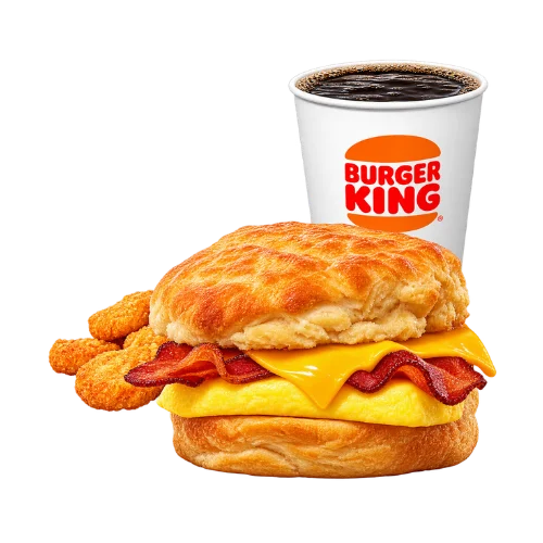 Bacon egg cheese biscuit meal with hash browns and coffee - crispy bacon breakfast sandwich combo