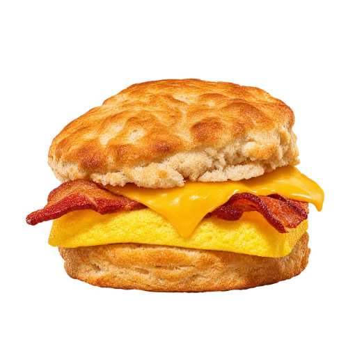 Bacon egg cheese biscuit sandwich - flaky buttermilk biscuit with crispy bacon and melted cheese