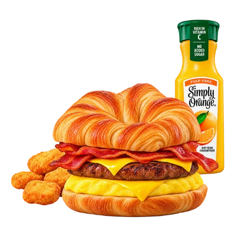 Bacon sausage egg cheese Croissan'wich meal with hash browns and Simply Orange juice combo
