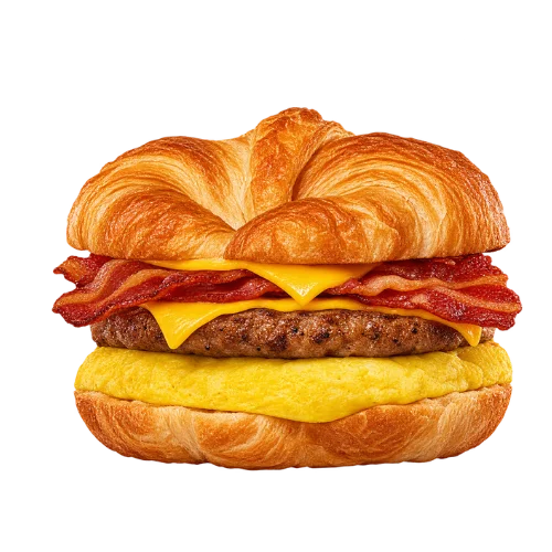 Bacon sausage egg cheese Croissan'wich - double meat loaded croissant breakfast sandwich