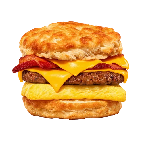 Bacon sausage egg cheese biscuit - double meat stacked biscuit sandwich with melted cheddar