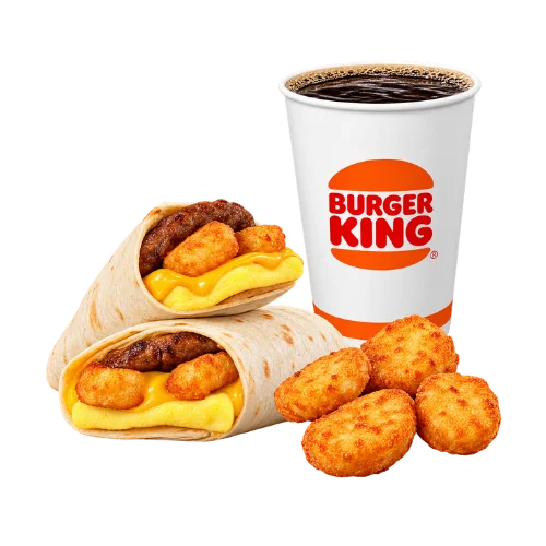 Breakfast Burrito Jr meal with sausage egg cheese wrap, hash browns and coffee combo