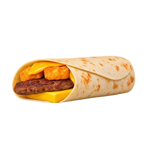 Breakfast Burrito Jr - sausage patty with hash browns and cheese wrapped in a warm tortilla