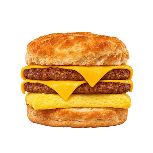Double sausage egg cheese biscuit - hearty two-patty sandwich on a warm golden biscuit