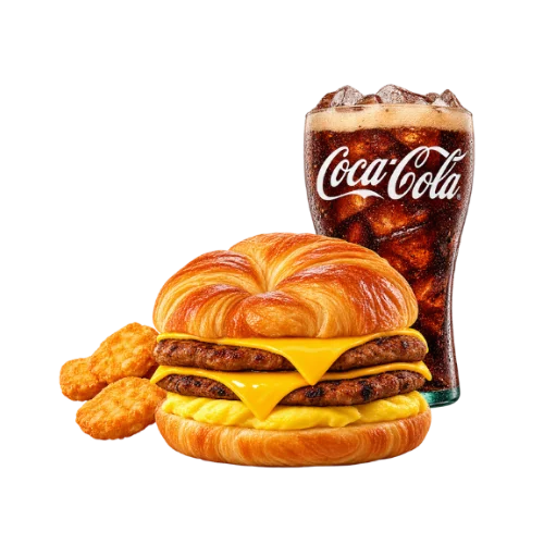 Double sausage egg cheese Croissan'wich meal with hash browns and Coca-Cola breakfast combo