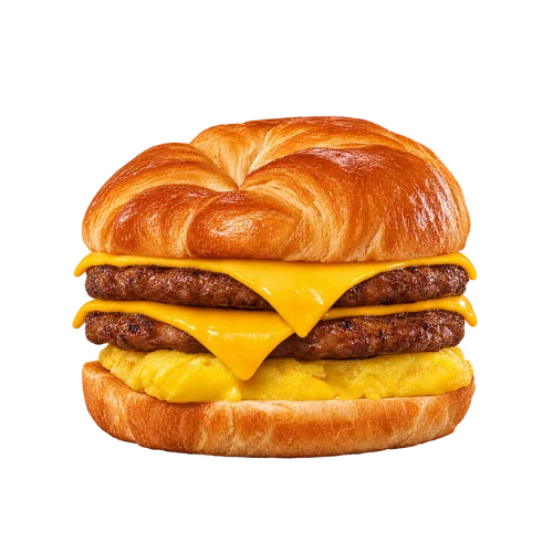 Double sausage egg cheese Croissan'wich - hearty two-patty sandwich on a soft croissant bun