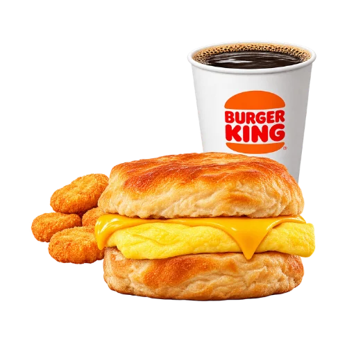 Egg and cheese biscuit meal with hash browns and coffee - classic breakfast sandwich combo
