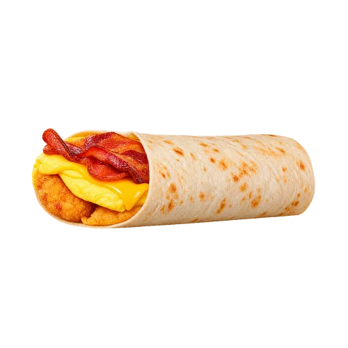 Egg-Normous Burrito - crispy bacon with fluffy egg and hash browns in a large soft tortilla