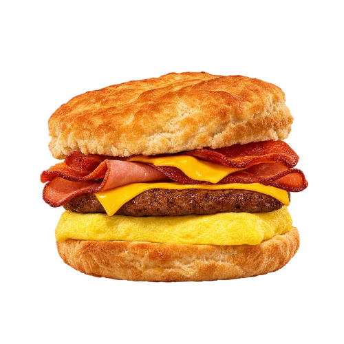Fully loaded biscuit - sausage bacon egg and cheese piled high on a golden buttermilk biscuit