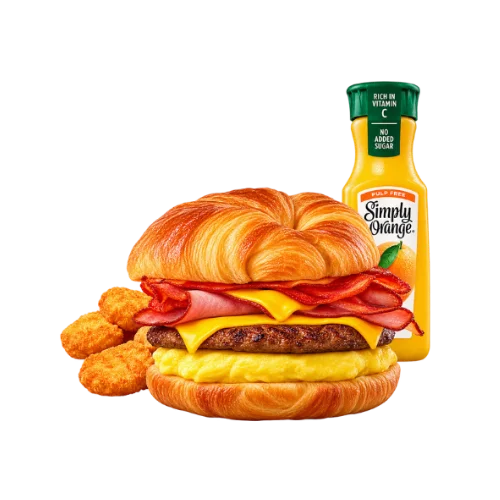 Fully loaded Croissan'wich meal with sausage bacon egg cheese and Simply Orange juice combo