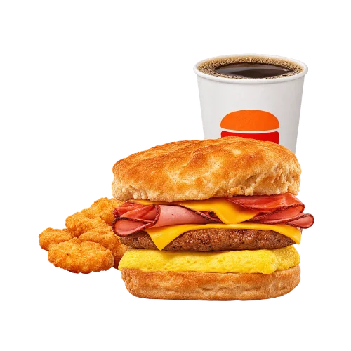 Fully loaded biscuit meal with sausage bacon egg cheese, hash browns and coffee combo