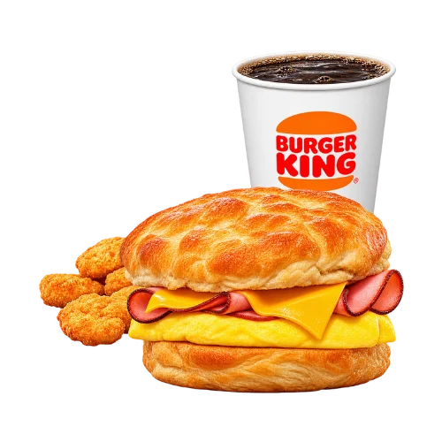 Ham egg cheese biscuit meal with hash browns and coffee - breakfast sandwich combo