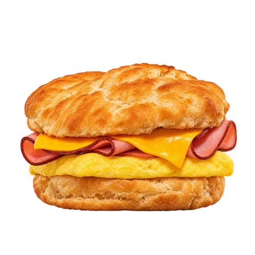 Ham egg cheese biscuit - savory sliced ham with fluffy egg and cheese on a biscuit sandwich
