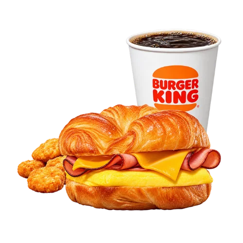 Ham egg cheese Croissan'wich meal with hash browns and coffee - breakfast sandwich combo