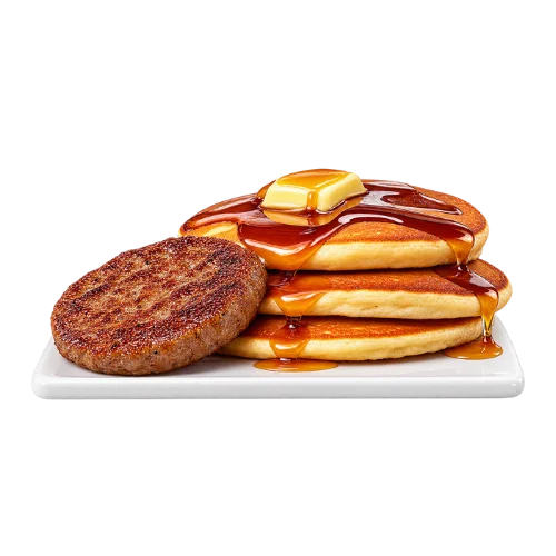 Pancake and sausage platter with syrup and butter - hearty stacked breakfast plate