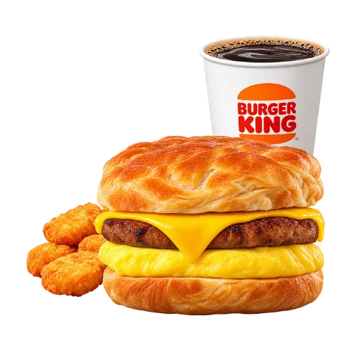 Sausage egg cheese biscuit meal with hash browns and coffee - breakfast sandwich combo