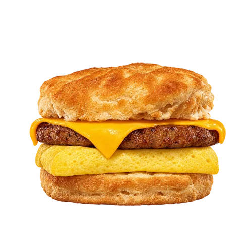 Sausage egg cheese biscuit - classic breakfast sandwich with sausage patty and melted cheddar