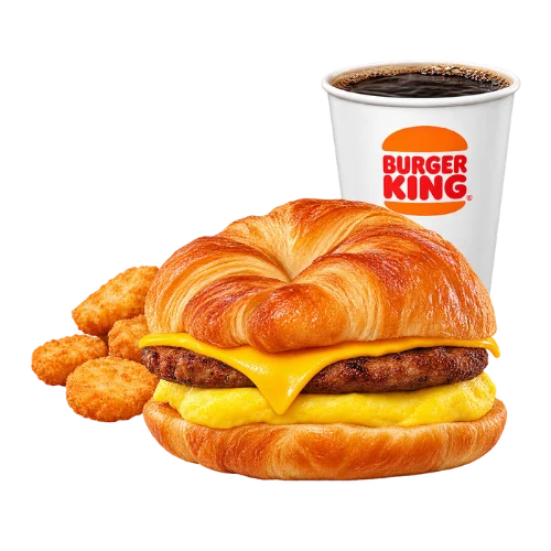 Sausage egg cheese Croissan'wich meal with hash browns and coffee - breakfast combo