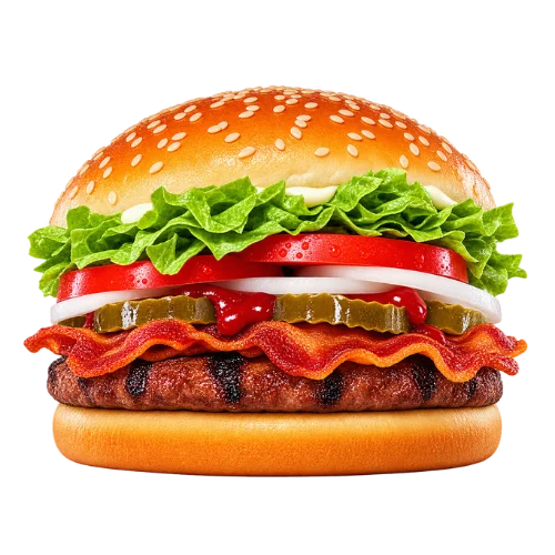 BBQ Bacon Whopper Jr. with bacon, lettuce, tomato, onion, pickles, and sauce on a sesame bun