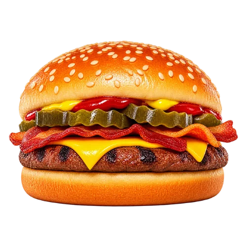 Bacon Cheeseburger with a beef patty, crispy bacon, melted cheese, pickles, ketchup, and mustard