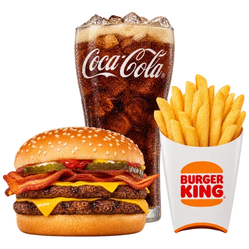 Bacon Double Cheeseburger meal with two beef patties, crispy bacon, melted cheese, fries, and Coca-Cola