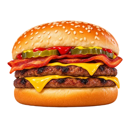 Bacon Double Cheeseburger with two beef patties, bacon strips, melted cheese, and pickles