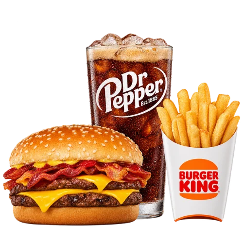 Bacon King meal with two beef patties, melted cheese, and thick bacon, served with fries and a drink