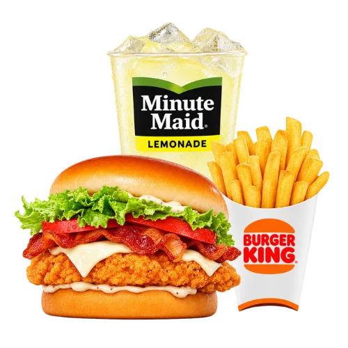 Bacon and Swiss Royal Crispy Chicken sandwich meal with fries and Minute Maid lemonade