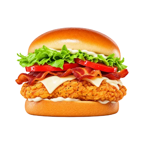 Bacon and Swiss Royal Crispy Chicken sandwich with crispy bacon, Swiss cheese, lettuce, and tomato