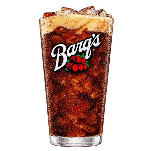 Tall glass of Barq's root beer with ice and a foamy top