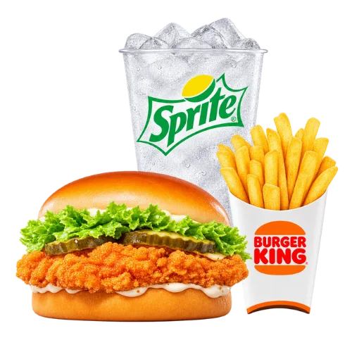 Big Fish sandwich meal with a crispy fillet, pickles, lettuce, fries, and a Sprite