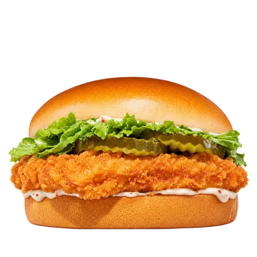 Big Fish sandwich with a crispy breaded fillet, pickles, and tartar sauce on a sesame bun