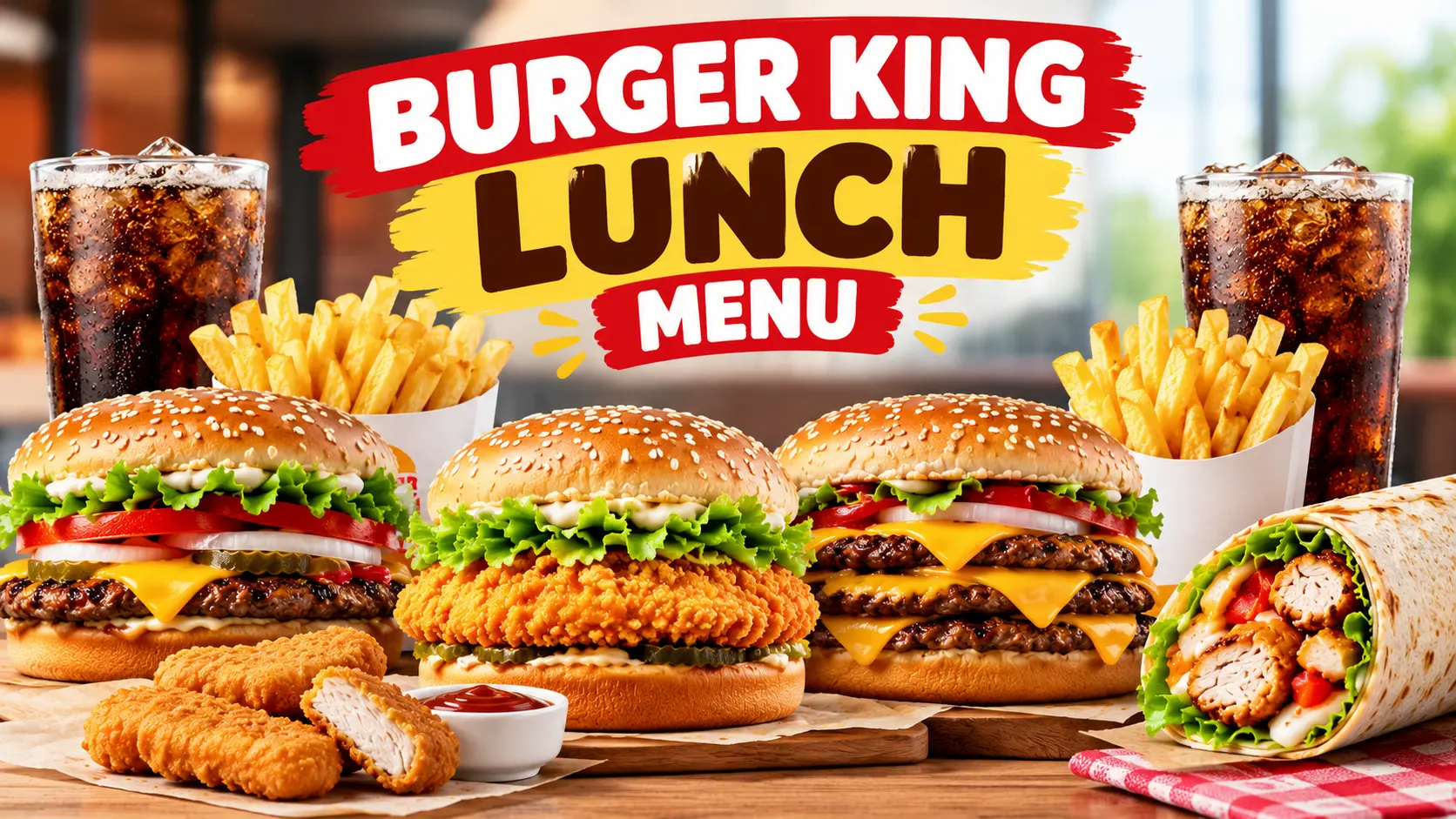 Burger King lunch menu featuring burgers, a crispy chicken sandwich, fries, a chicken wrap, and cold drinks