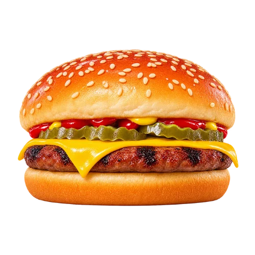 Cheeseburger with a flame-grilled patty, melted cheese, pickles, ketchup, and mustard