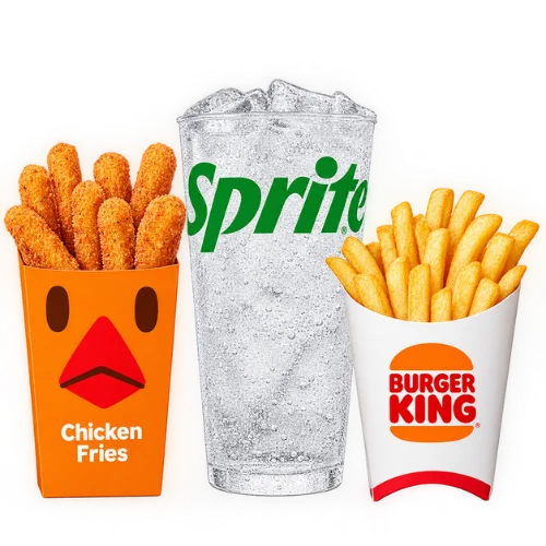 Chicken Fries meal in a chicken-face orange box with regular fries and a Sprite