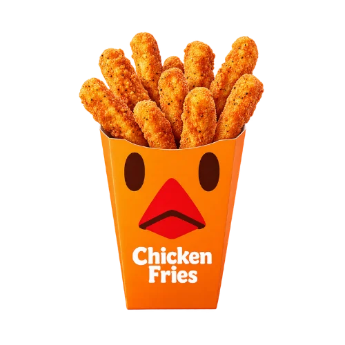 Chicken Fries, crispy breaded chicken sticks in an orange box