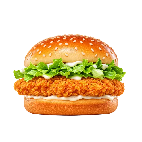Chicken Jr. just sandwich with a breaded chicken patty, lettuce, and mayo on a sesame bun