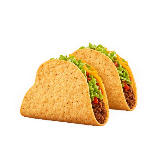 Two Crispy Tacos filled with seasoned beef, shredded lettuce, tomato, and cheddar in hard shells