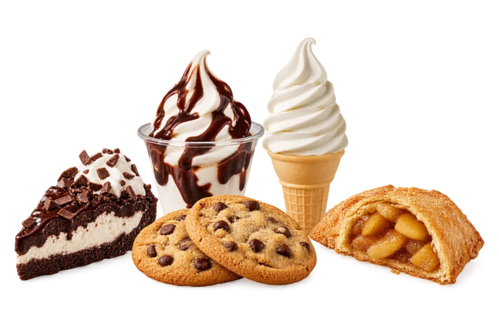 Burger King desserts including soft serve cone, sundae, HERSHEY’S Sundae Pie, chocolate chip cookies, and cinnamon apple pie.