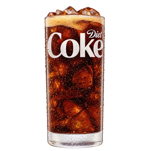 Tall glass of Diet Coke with ice and a foamy top