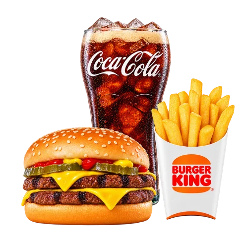 Double Cheeseburger meal with two patties, pickles, fries, and Coca-Cola