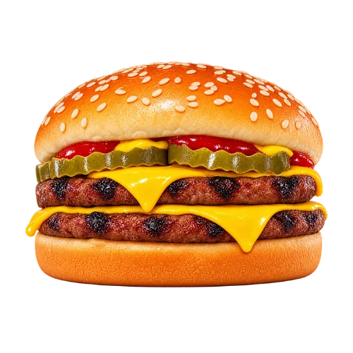 Double Cheeseburger with two flame-grilled patties, melted cheese, pickles, and ketchup