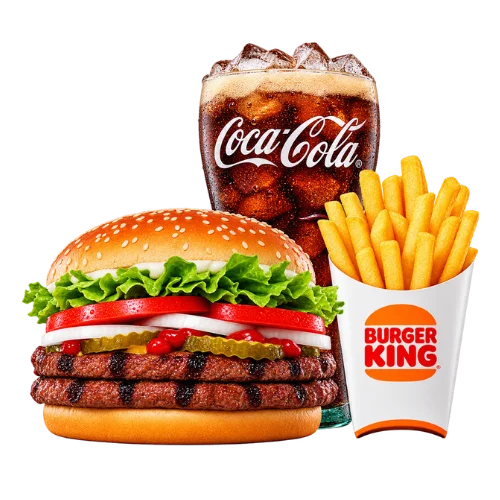 Double Whopper meal with two flame-grilled patties, fries, and Coca-Cola
