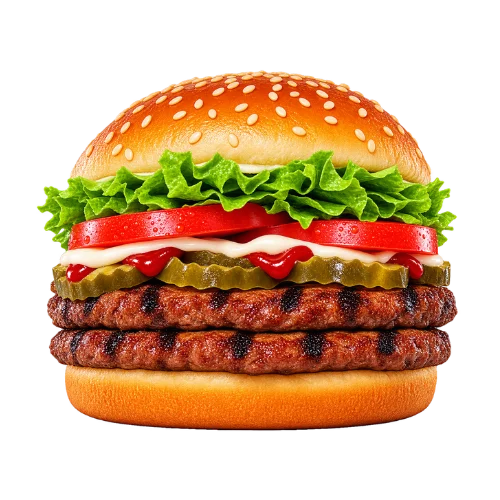 Double Whopper with two flame-grilled patties, lettuce, tomato, mayo, pickles, and ketchup