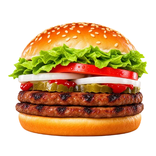 Double Whopper Jr. with two beef patties, lettuce, tomato, onion, and pickles on a sesame bun