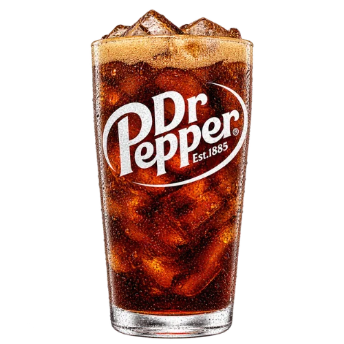Glass of Dr Pepper with ice cubes and a foamy top