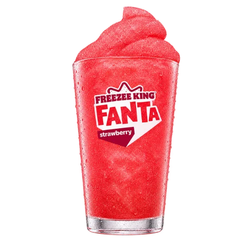Fanta Strawberry Freezee King, a frozen red slush drink with a swirl on top