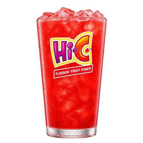 Glass of Hi-C Flashin' Fruit Punch, a red fruit drink served over ice