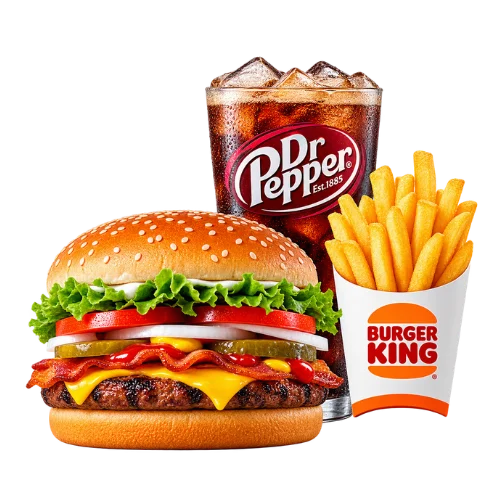 Impossible Texas Whopper meal with bacon and cheese, served with fries and Dr Pepper