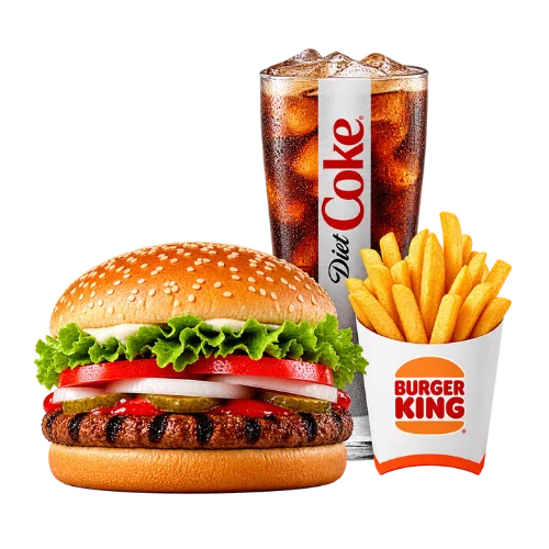 Impossible Whopper meal with a plant-based patty, fries, and Diet Coke